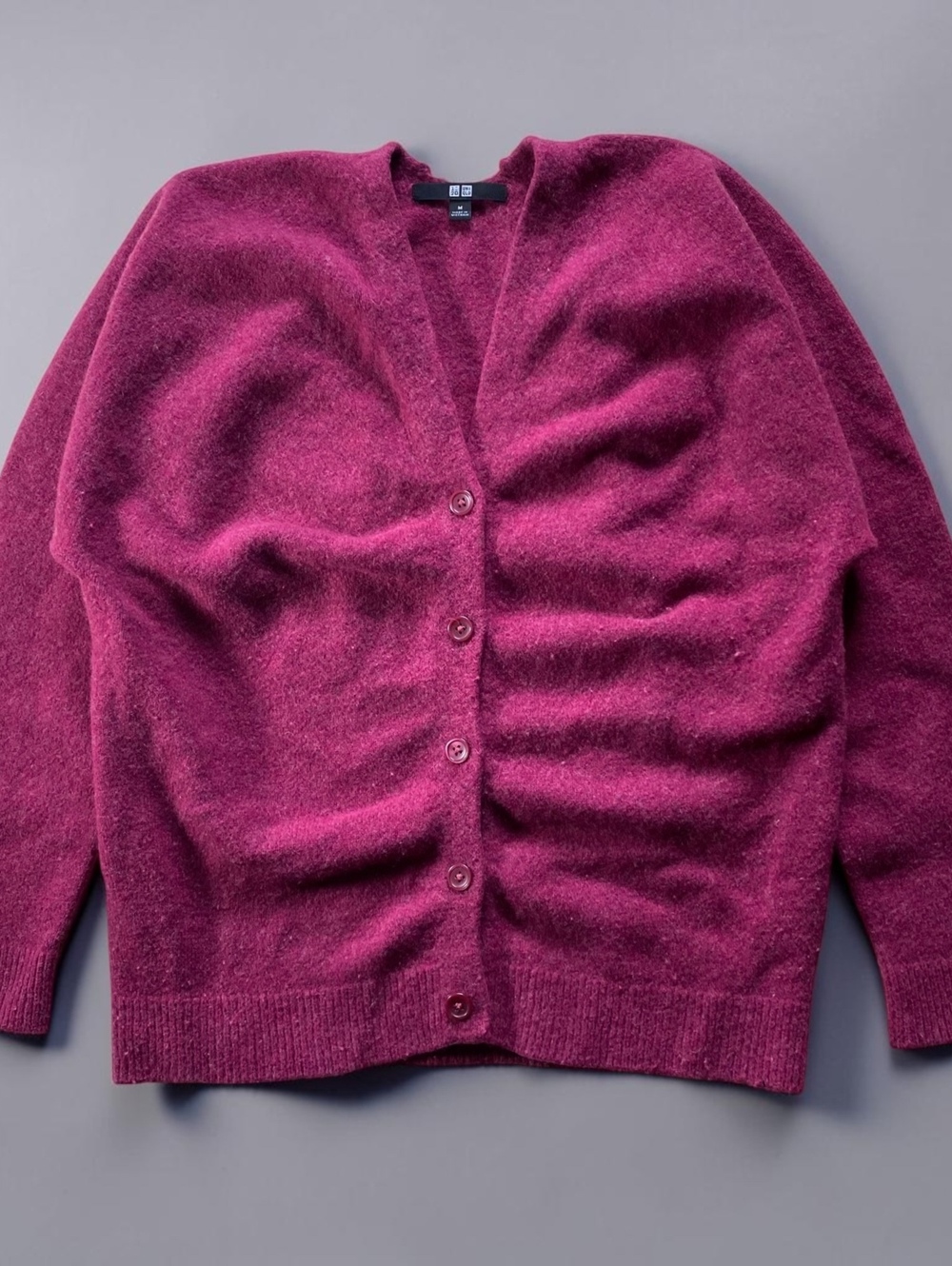UNIQLO Womens Cardigan M Souffle Yarn V Neck Magenta Berry Purple Wool Blend